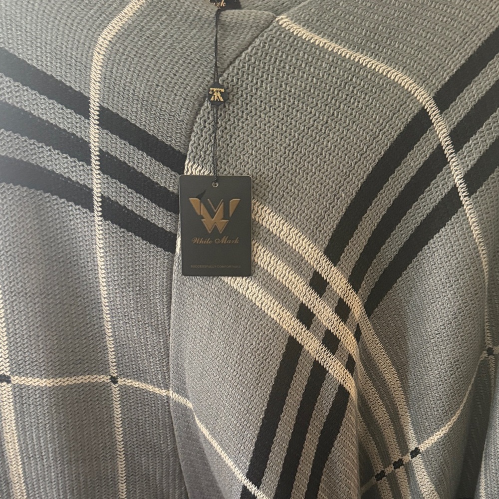 White Mark Gray Knit Crewneck Sweater with Black and Cream Plaid